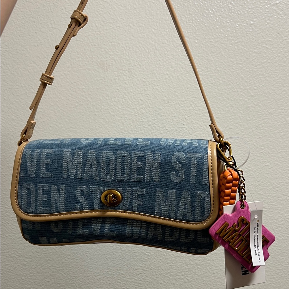 Steve Madden Denim Logo Shoulder Bag with Tan Trim and Pink Charm